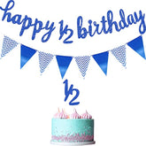 Pre- Strung Half Birthday Decorations Set 6 Months Happy 1/2 Birthday Banner, Glitter 1/2 Half Year Cake Topper, Triangle Flag Banner For Baby Shower Party Photoshoot Props(Dark Blue)