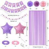 Purple Pink Birthday Decorations,Princess Party Decorations For Women Girls With Pink Purple Balloons Happy Birthday Banner Fringe Curtain Tissue Pompoms Star Garland