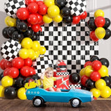 Race Car Balloon Garland Arch Kit With 2 Checkered Foil Fringe Curtains - Cars Wheels Balloons In 18 12 10 Inch Sizes For Two Fast Racing Cars Birthday Party Decorations Supplies