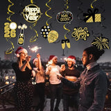 16pc Black Gold 2026 Swirl Streamers Banner New Year’s Eve Party Decor