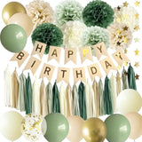 Sage Green Happy Birthday Party Decorations Retro Green Nude Ivory Dark Olive Kraft Paper Banner Balloons Neutral Rustic Boho Blush Safari Botanical Greenery Wild Décor Supplies Women Adults