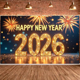 Gold Glitter Happy New Year 2026 Banner Fabric Backdrop 70.8x43.3In