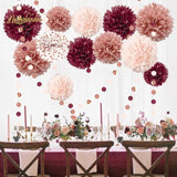 Bachelorette Party Decorations - 15Pcs Burgundy Rose Gold Tissue Pom Poms Circle Dots Polka Dot Kit For Valentines, Engagement, Wedding, Bridal Shower, Burgundy Birthday Decorations