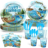 192 Pcs Fishing Birthday Decorations Fishing Birthday Party Disposable Plates And Napkins Set Fisherman Party Paper Tableware Supplies Serve 24