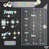 , Iridescent Happy Birthday Garland Banner - 6.5 Feet, Pack Of 8 | Silver Hanging Garland For Happy Birthday Decorations | Disco Theme Party Decorations | No Diy