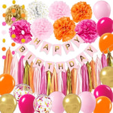 Hot Pink & Orange Birthday Decorations - Gold Balloons, Paper Pompoms, Tassels, Banner & Circle Garland For Teen Women