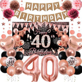 40Th Birthday Decorations For Women, Rose Gold Happy 40Th Birthday Decorations Banner Balloons Pompoms Backdrop Star Streamer, 40Th Birthday Party Supplies Set