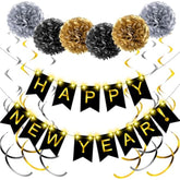 15 Pcs Black Gold Happy New Year 2026 Party Decorations Set