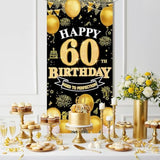 60th Birthday Decorations Black Gold Banner Backdrop for Indoor Outdoor Party