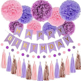 Purple Pink Party Decorations - Happy Birthday Banner, Paper Pompoms, Paper Tassels & Circle Dots Garlands For Women & Girls