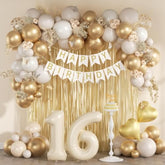 Sweet 16 Birthday Party Decorations, With Happy Birthday Banner Fringe Curtain White Gold Confetti Balloons Number Heart Foil Balloons For Sweet 16 Party Decor