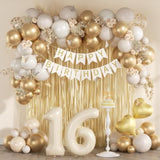 Sweet 16 Birthday Party Decorations, With Happy Birthday Banner Fringe Curtain White Gold Confetti Balloons Number Heart Foil Balloons For Sweet 16 Party Decor