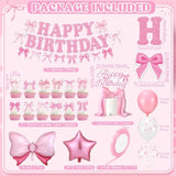 44 Pcs Pink Bow Birthday Decorations Include Pink Bow Balloons Star Balloons Cake Topper Bow Happy Birthday Banner For Party