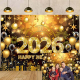 2026 New Year Banner Backdrop 8x6ft Black Gold Fireworks for NYE Party