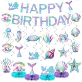 Mermaid Birthday Decorations Mermaid Party Honeycomb Centerpieces, Hanging Swirls Happy Birthday Banner Kit Ocean Mermaids Cutouts For Kids Under The Sea Baby Shower Party Supplies