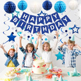 Birthday Decorations, Happy Birthday Banner With Honeycomb Balls, Stars Hanging Swirl Streamers, Circle Dots Garland, Happy Birthday Party Decorations For Women Men Boys Girls (Blue)