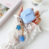 Soft Silicone Protective Case for Airpods 4 with Keychain and Cleaner Kit, Sky Blue Color with Pom Pom Flower Charms, Compatible with 2024 Airpods 4th Generation
