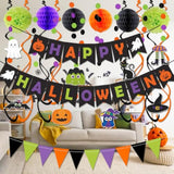 Happy Halloween Banner Triangle Flag Bunting with Confetti Dots Honeycomb Ball and Streamers