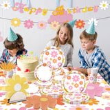 142Pcs Daisy Party Supplies – Groovy Boho Birthday Set with Plates, Napkins, Cups, Tablecloth & Banner