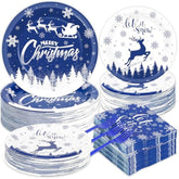 200Pcs Christmas Plates And Napkins Blue Merry Christmas Tableware Set Let It Snow Reindeer Snowflakes Dinnerware Set For Xmas Party Decorations Winter Holiday Birthday Party Serve 50 Guests