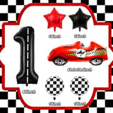 1st Racecar Birthday Set – Red Car, Number 1 & Checkered Balloons