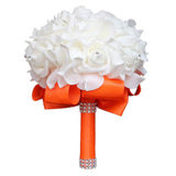 Wedding Bouquet, Orange Bouquet For Bride Bridesmaid With Diamond Soft Ribbons, Artificial Rose Bridal Holding Flowers For Party Church
