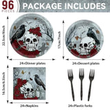 96pcs Halloween Gothic Skull Plates and Napkins Rose Crow Disposable Tableware Serves 24