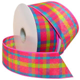 Color Chic Plaid Fabric Ribbon, 2.5" X 50 Yd, Shocking Pink/Turquoise