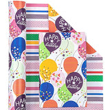 Reversible Birthday Wrapping Paper, 17"x33', Colorful Balloon & Confetti Design