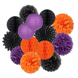 Halloween Party Decoration Kit: Black, Orange & Purple Paper Lanterns, Pom Poms