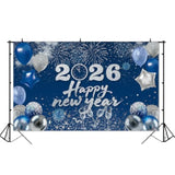 Happy New Year 2026 Blue Backdrop Banner for Party and Photo Booth Decor