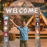 12 Pcs Camping Themed Party Decorations Welcome Banner With 9 Pcs Porch Laminated Sign 1 Double Sided Tape For Summer Camp Birthday Hawaii Themed Party Activity Decor Door Natural Style
