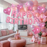 35PCS Light Pink Happy Birthday Decorations, 16" Foil Banner & Star Balloons for Parties