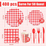400 Pcs Gingham Party Supplies For 50 Guests Red And White Paper Plates And Napkins Knives Spoon Fork Cup Disposable Checkered Dinner Party Set Cutlery For Baby Shower Wedding Favor
