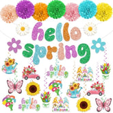 41Pc Spring Party Decorations, Hello Spring Decor Include Hello Spring Banner, Paper Pom Poms And Hanging Spring Decorations, Butterfly Hanging Decorations Spring Decorations For Home Office Classroom