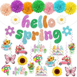 41Pc Spring Party Decorations, Hello Spring Decor Include Hello Spring Banner, Paper Pom Poms And Hanging Spring Decorations, Butterfly Hanging Decorations Spring Decorations For Home Office Classroom