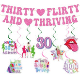 Thirty Flirty And Thriving Decorations - 10Pcs 30 Flirty And Thriving Banners With Hanging Swirls Birthday Decoration Talk 30 To Me Bday Decor Supplies For 30Th Women