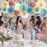 Dusty Rose Pink and Blue Party Decorations Dusty Blue Paper Lantern Sage Green Tissue Pom Poms Beige Paper Fans Circle Dot Garlands for Retro Gender Reveal Baby Shower Birthday Bridal Party Decoration