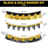 Black Gold Party Decorations 6pcs 6ft Metallic Fringe Tassel Banner Set