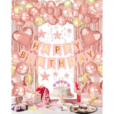 80pcs Rose Gold Birthday Decorations – Banner, Balloons, Curtain, Swirls & More
