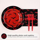 96Pcs Halloween Bats Birthday Party Supplies Bloody Bat Paper Plates And Napkins Red And Black Disposable Tableware For Boy Girl Halloween Birthday Party Decorations Serves 24