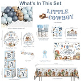 230Pcs Cowboy Baby Shower Decorations, All-In-1 Supplies Pack, Includes 20 Tableware, A Little Cowboy Is On The Way Backdrop Tablecloth, Balloon Kit For Baby Boy Shower Decorations