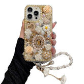 For Iphone 13 Pro Max Bling Diamond Case With Flower Strap, 3D Luxury Sparkle Glitter Crystal Rhinestone Pearl Love Rose Wristband Bracelet Case Cover For Girls Women Kids (Champagne)