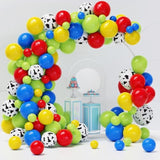 120PCS Toy-Inspired Balloon Arch Kit β Red, Blue, Yellow & Cow Print for Story-Themed Party