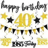 40Th Birthday Decorations For Men Women, 12Pcs Black Gold Happy 40Th Birthday Banner Triangle Flag Banner Glitter Hanging Swirls, Vintage 1984 Cheers To 40 Years Old Decor Party Supplies
