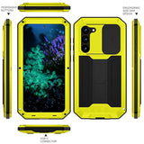Samsung Galaxy S23 Plus Metal Case with Slide Camera Cover Built in Screen Protector Full Body Hybrid S24 Plus Case Metal Kickstand Military Heavy Duty Armor Silicone Case for Men and Women (Yellow)
