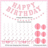 Pink Bow Birthday Party Decorations Pink Glittery Happy Birthday Banner Garland Bow Hanging Swirls And Honeycomb Balls Coquette Birthdays Decor For Women Girls Birthdays Party Supplies