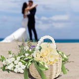 2 Pcs Wicker Rattan Flower Girl Basket With 1000 Pcs Artificial Silk Rose Petals Wedding Flower Girl Basket With Pearl Handle And Bow Fairy Flower Basket For Weddings Bridal Anniversary Party Decor