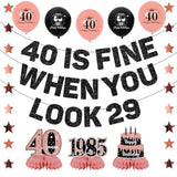 40Th Birthday Decorations Women, Rose Gold 40 Is Fine When You Look 29 Banner Balloons Honeycomb Centerpieces Kit, Pink 40Th Birthday Party Supplies For Her, 1985 Photo Backdrop Background