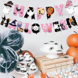 Pink Happy Halloween Banner Ghost Boo Pumpkin Bat Witch Spider Bunting Party Decorations